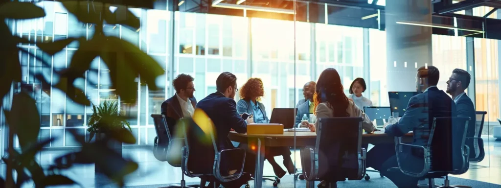business professionals brainstorming ideas in a modern office conference room.