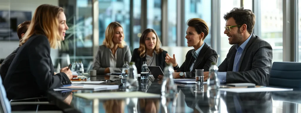 business professionals engaged in a focused discussion around a conference room table, emphasizing negotiation strategies and client representation.