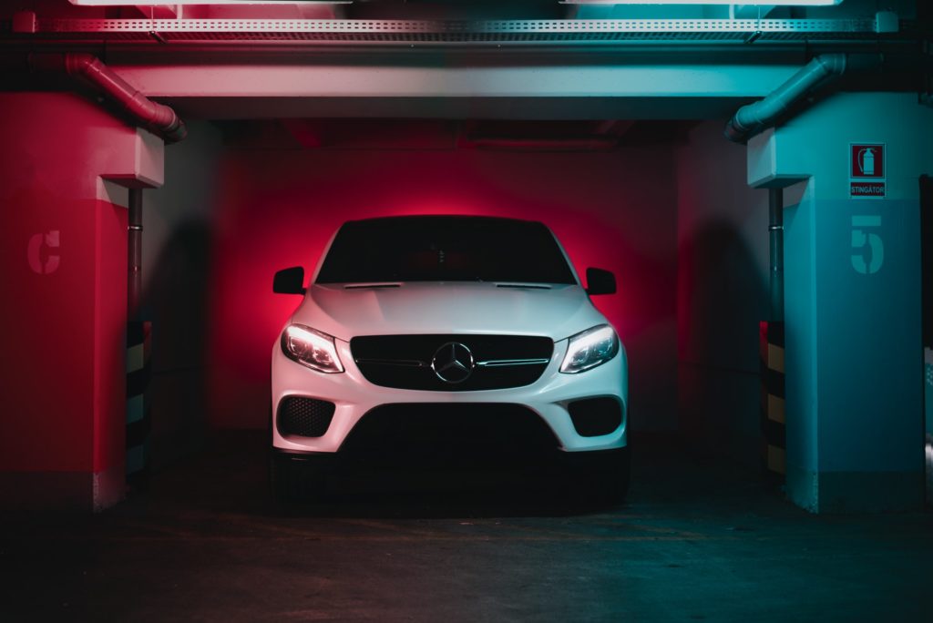 a white car in a garage