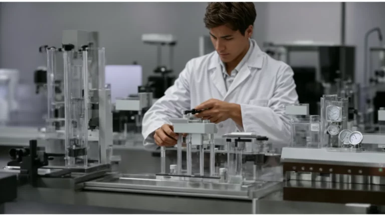 a person in a lab coat is holding a dynamometer force gauge, comparing different models on a table in a laboratory setting.