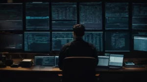 a programmer types diligently on a laptop, surrounded by multiple screens displaying complex database diagrams.