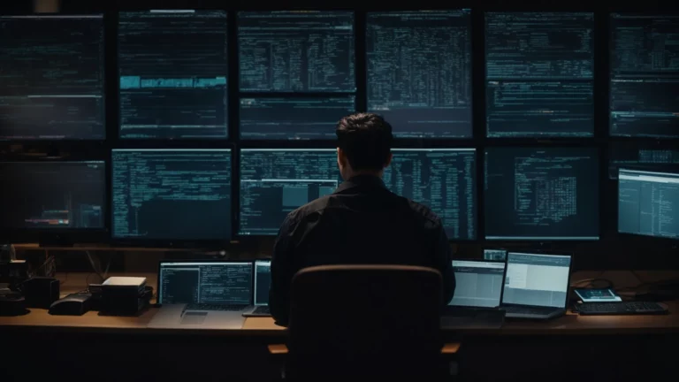 a programmer types diligently on a laptop, surrounded by multiple screens displaying complex database diagrams.