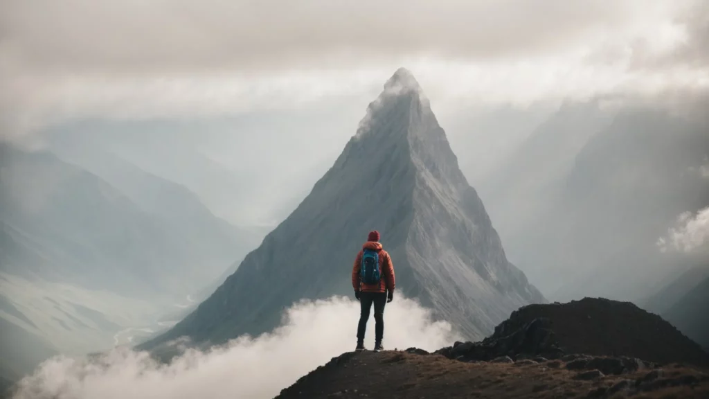 a person stands at the bottom of a large mountain, looking up towards the peak, symbolizing the beginning of their journey to overcome obstacles.