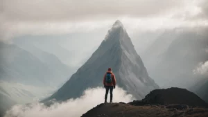 a person stands at the bottom of a large mountain, looking up towards the peak, symbolizing the beginning of their journey to overcome obstacles.