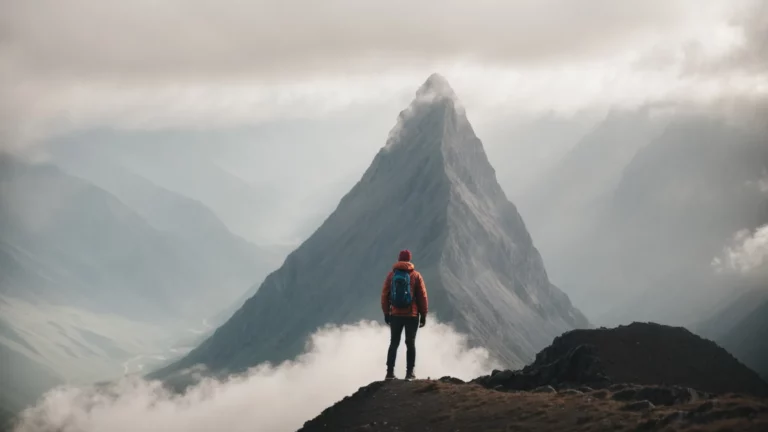a person stands at the bottom of a large mountain, looking up towards the peak, symbolizing the beginning of their journey to overcome obstacles.
