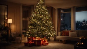 a glowing christmas tree adorned with shimmering led lights illuminates a cozy living room at night.