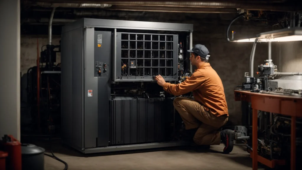 a professional technician adjusting a large furnace in a spacious, well-lit basement.