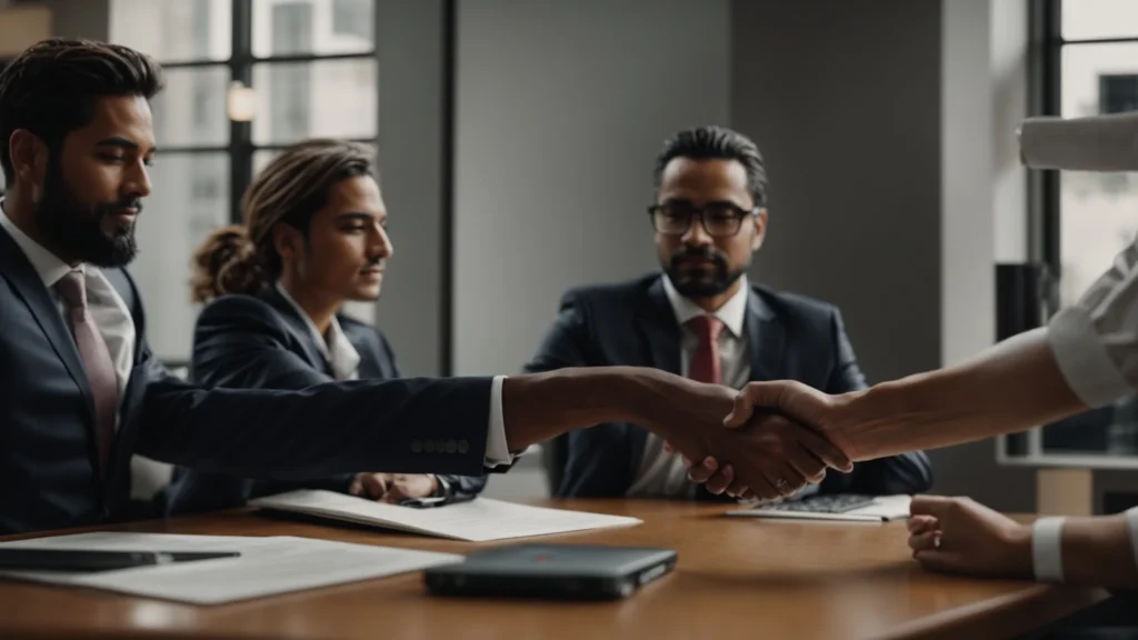 a person in a business suit shaking hands with a client across a desk.