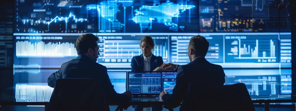 a team of professionals analyzing data on a digital screen with ai algorithms.