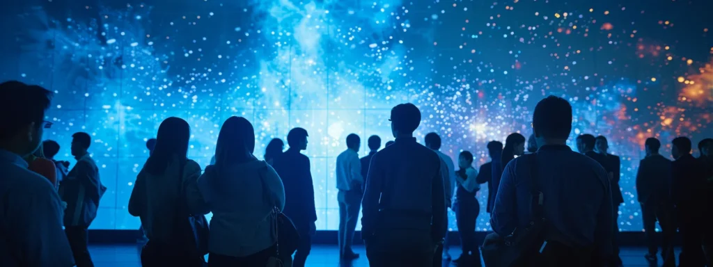 a group of professionals gathered around a digital screen displaying advanced ai technology for content creation and user experience optimization.