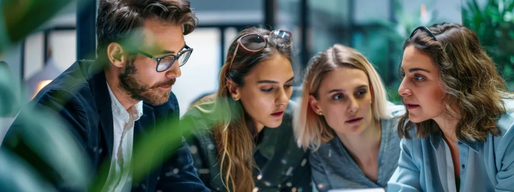 a group of professionals reviewing case studies and testimonials from a white label digital marketing agency.