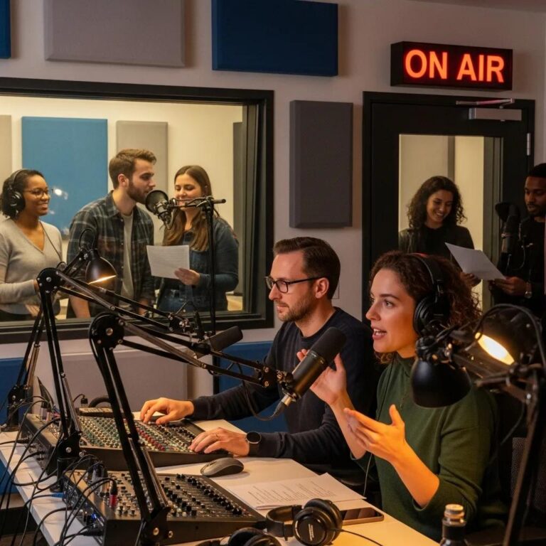 Diverse group of podcasters recording in a modern studio environment