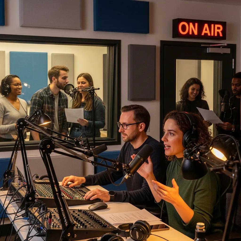 Diverse group of podcasters recording in a modern studio environment