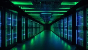rows of servers in a data center with blue and green led lights flickering.