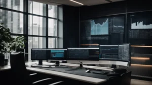 a sleek, modern office filled with computer screens showing graphs and marketing analytics.