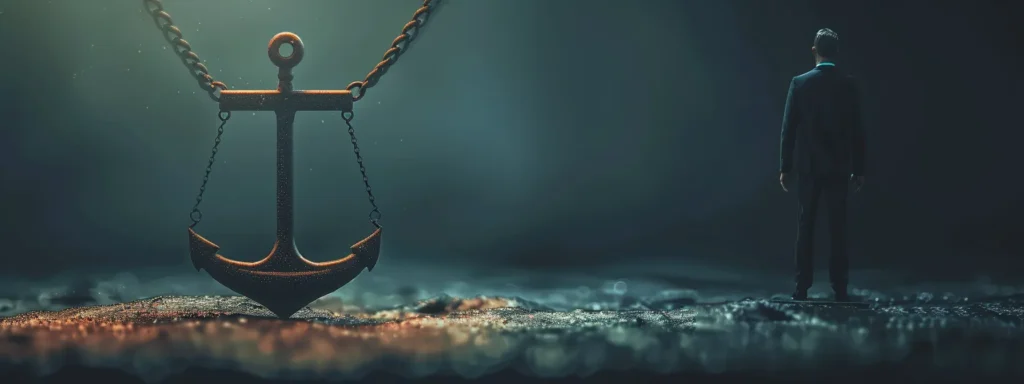 a lawyer confidently standing by an anchor, symbolizing legal expertise anchoring dispute outcomes.