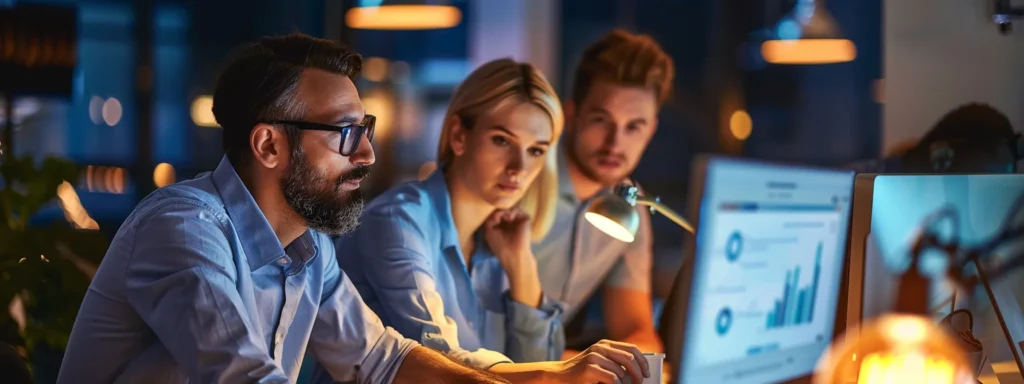 a group of business professionals collaborating around a computer screen displaying contact center software solutions.