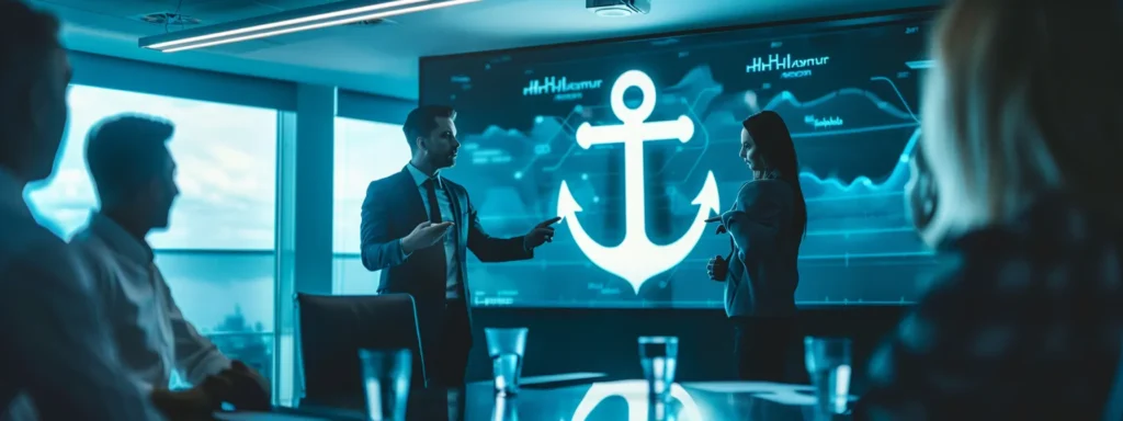 business professionals in a meeting room, pointing to a large anchor symbol and discussing future growth opportunities with h&h forestry.
