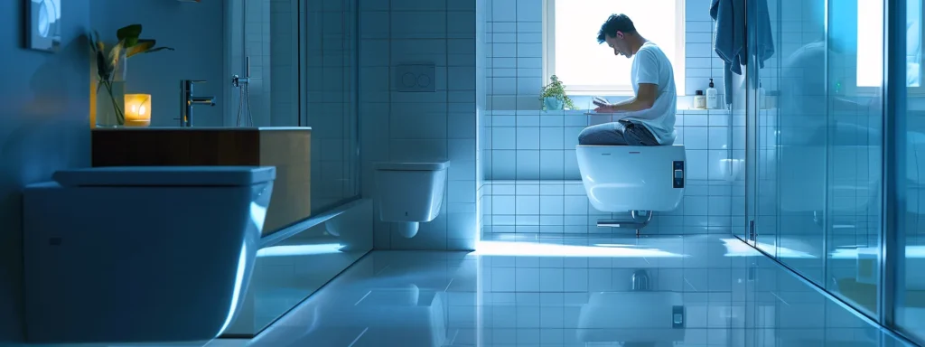 a plumber adjusting settings on a high-tech smart toilet in a modern bathroom.