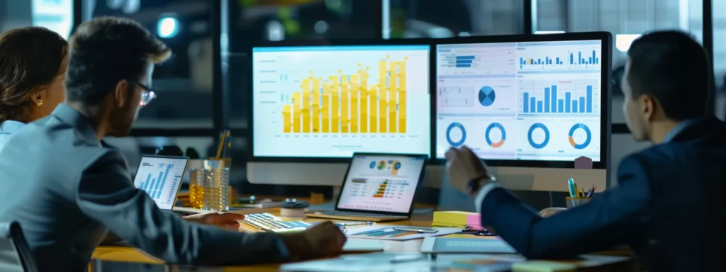 business professionals analyzing data and discussing customer insights around a conference table with a computer displaying graphs and charts related to contact center software solutions.