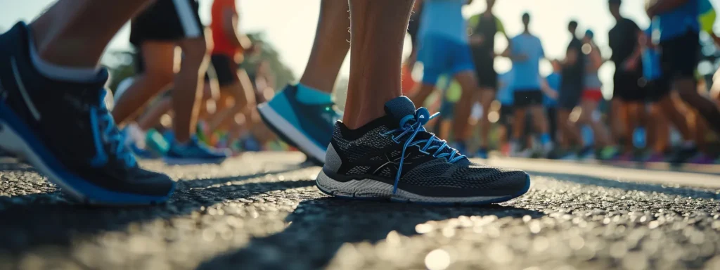 runners preparing to start a 5k race, with one runner tying their shoe to an anchor.