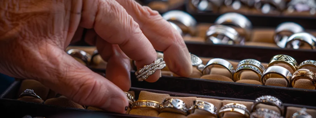 a man trying on various men's wedding rings with different styles and designs.