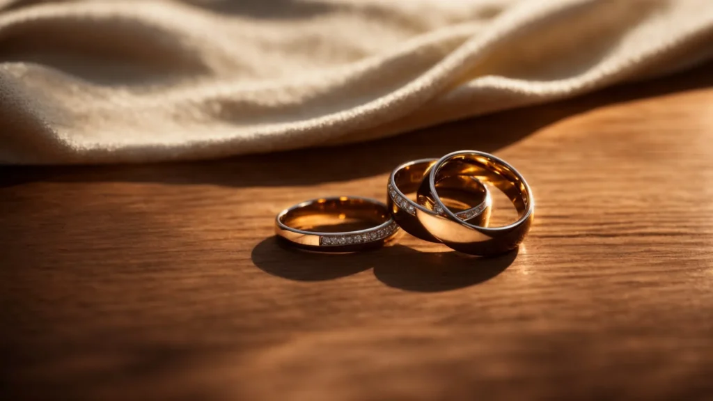 two wedding rings rest atop a polished wooden table, bathed in soft, warm light.